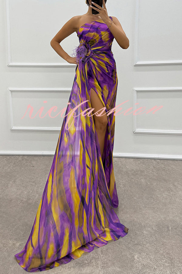 Amazing Views Watercolor Print Feather Rose Detail Off Shoulder Pleated Slit Maxi Dress