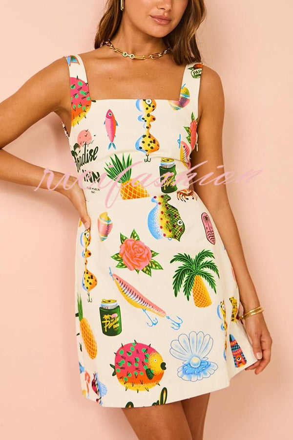 Summer Colorful Fruit Unique Print Tie-back Mini Dress