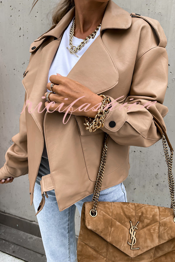 Stylish Leather Lapel Pocket British Style Cropped Jacket