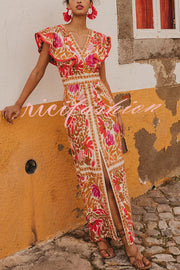 Unique Printed V-neck Open Back Ruffled Sleeves Slit Maxi Dress