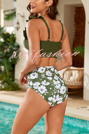 Botanical Print Ruffled Two-piece Stretch Bikini Swimsuit