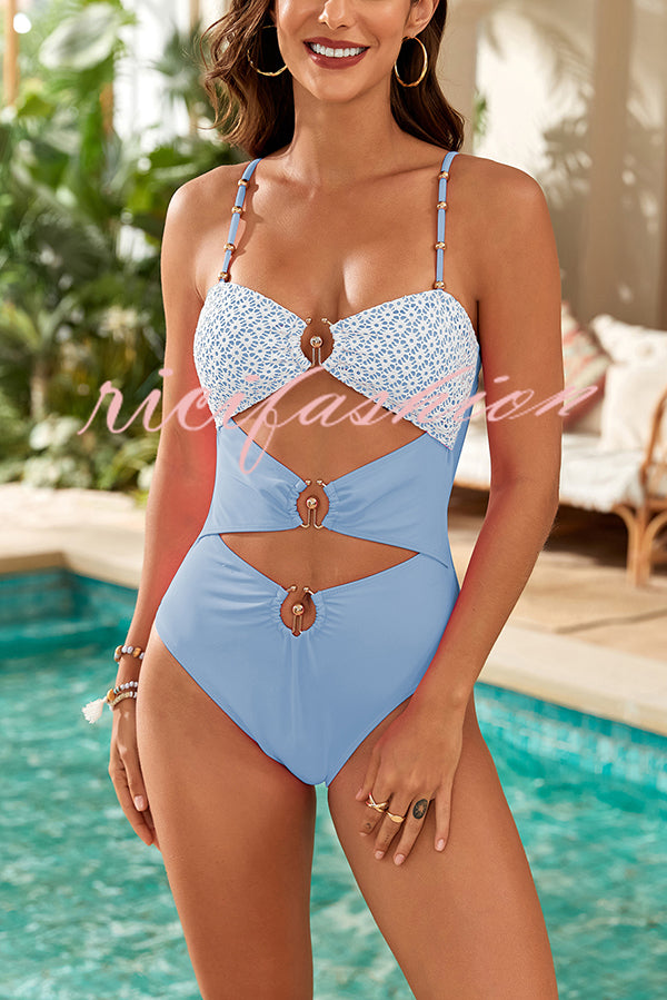 Fashionable Splicing Spaghetti Strap Metal Buckle One-piece Swimsuit