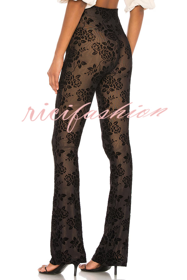 Romance Detail Flower Pattern Mesh Elastic Waist Stretch Flare Pants