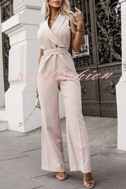 Make Your Entrance Lapel Belt Pocketed Wide Leg Formal Jumpsuit