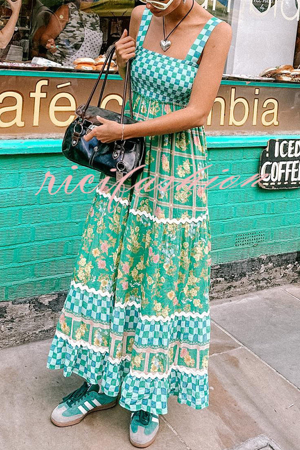 Yolanda Ric Rac Trims Unique Print Smocked Bust Back Lace-up Maxi Dress