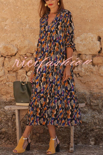 Multicolor Color Block Print V-neck Loose Resort Midi Dress