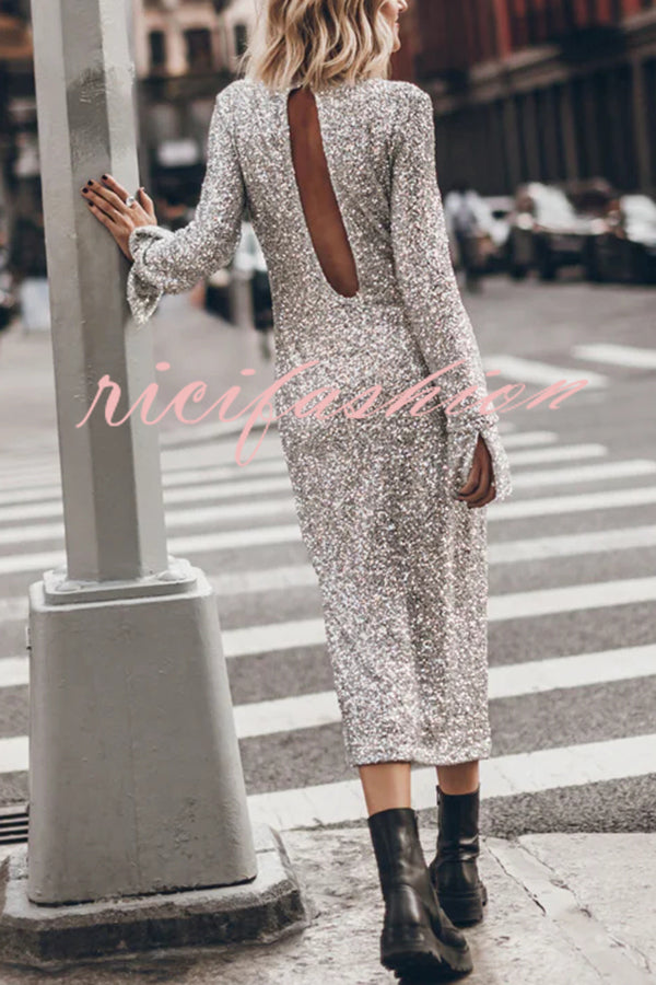 Ignite Sparkly Nights Sequin Extra Long Sleeve Open Back Loose Midi Dress