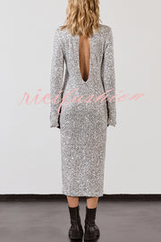 Ignite Sparkly Nights Sequin Extra Long Sleeve Open Back Loose Midi Dress