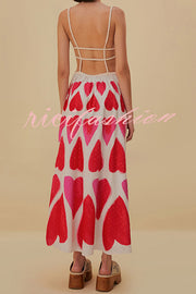 Full of Love Heart Shape Print Cutout Spaghetti Strap Backless Maxi Dress