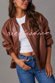 Solid Color Long Sleeve Loose Pocket Leather Jacket