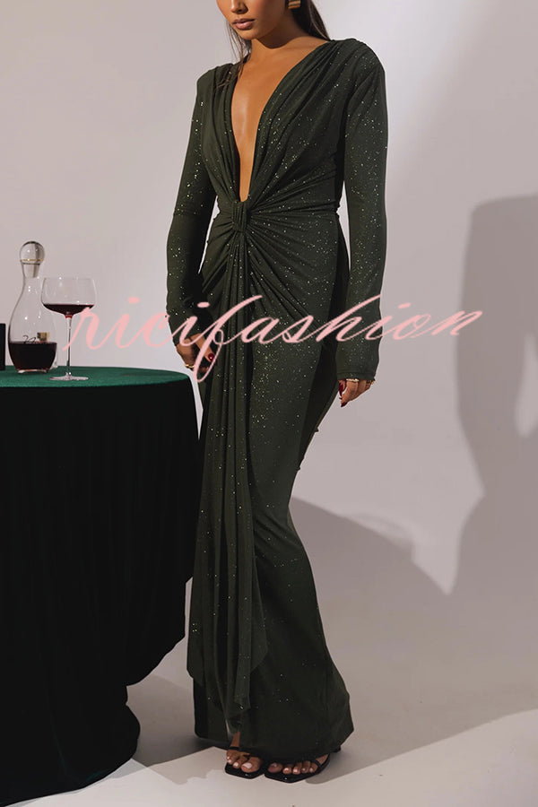 Solid Color Shiny Sexy V-neck Long Sleeve Ribbon Slit Slim Fit Maxi Dress