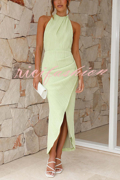 Zephyr Pleated Textured Fabric Halter Neck Backless Slit Maxi Dress