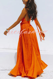 Summer Whispers Linen Blend Draped Braids Deep V-neck Halter Backless Cover Up Maxi Dress