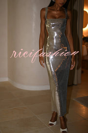 Eye Catching Sequin Cutout Waist Wide Strap Bacakless Maxi Dress