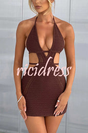 Effortlessly Cool and Sexy Knit Crochet Cutout Halter Tie-up Stretch Mini Dress