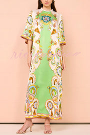 Southern Italy Satin Unique Print Bell Sleeve Loose Slit Midi Dress