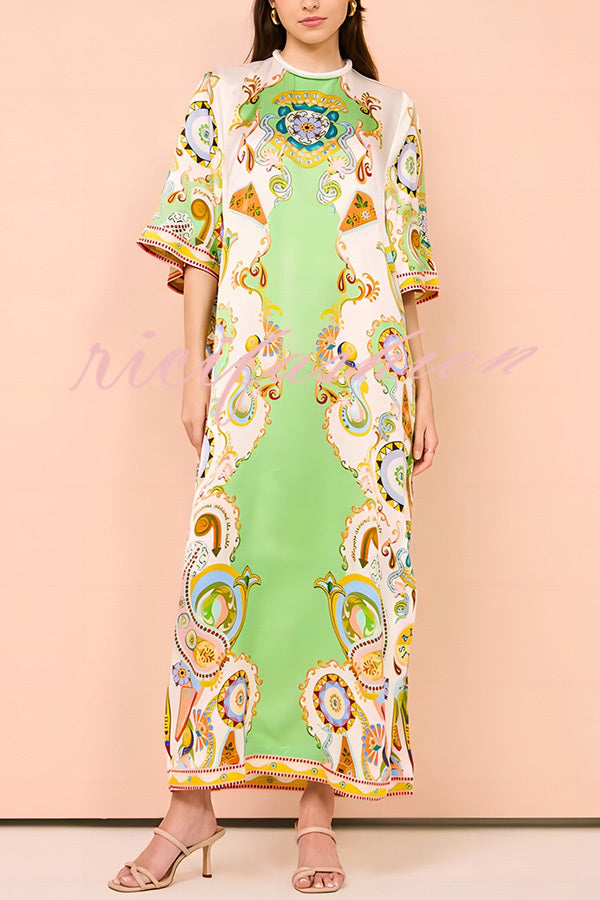 Southern Italy Satin Unique Print Bell Sleeve Loose Slit Midi Dress