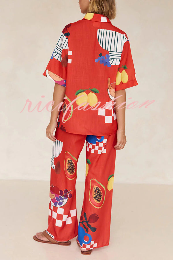 Unique Printed Casual Shirt and Elastic Waist Pants Set