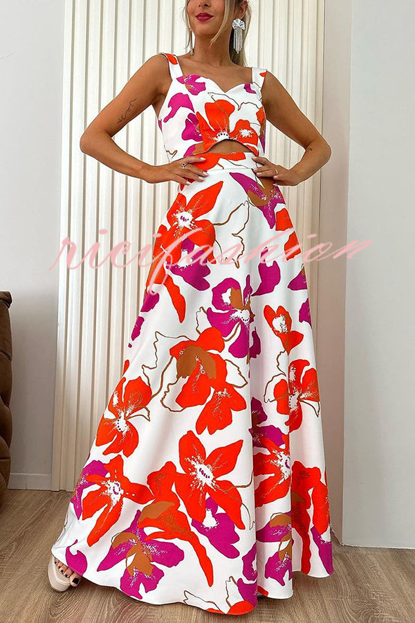 Stylish Floral Print Sling Top and Large Hem Pockets Maxi Skirt Set