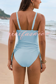 Solid Color Drawstring Waist Mesh One-Piece Swimsuit