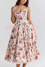 Fairy Tale Gorgeous Italian Rose Print Tulle Pocketed Slip Midi Dress