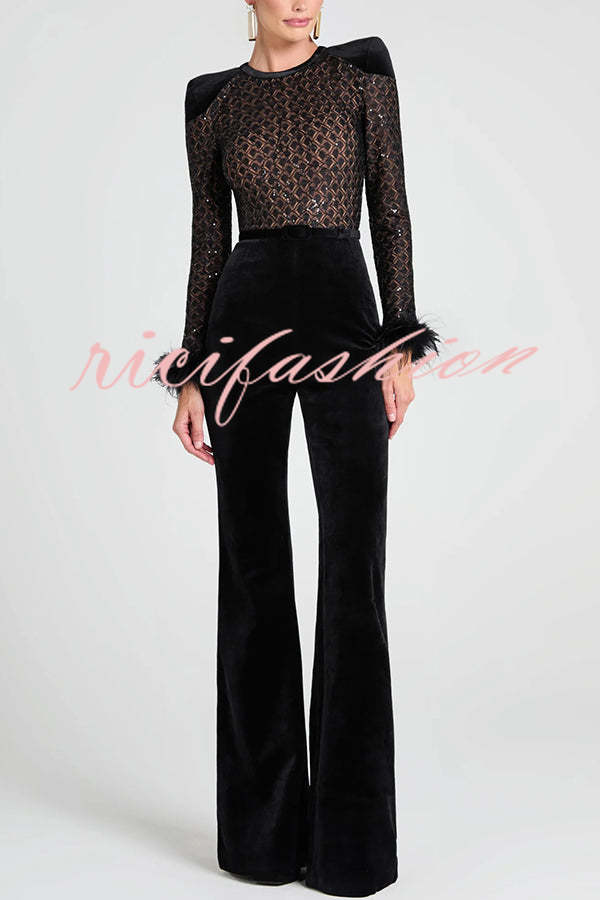 Monique Fish Scale Lace Sequin Velvet Patchwork Feather Trim Belted Stretch Flare Jumpsuit