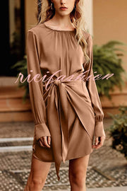 Satin Round Neck Long Sleeve Elastic Tie Mini Dress