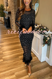 Sexy Long Sleeve Round Neck Feather Edge Rhinestone Decoration Slim Fit Maxi Dress