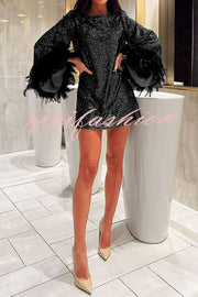 Solid Sequin Elegant Feather Long Sleeve Mini Dress