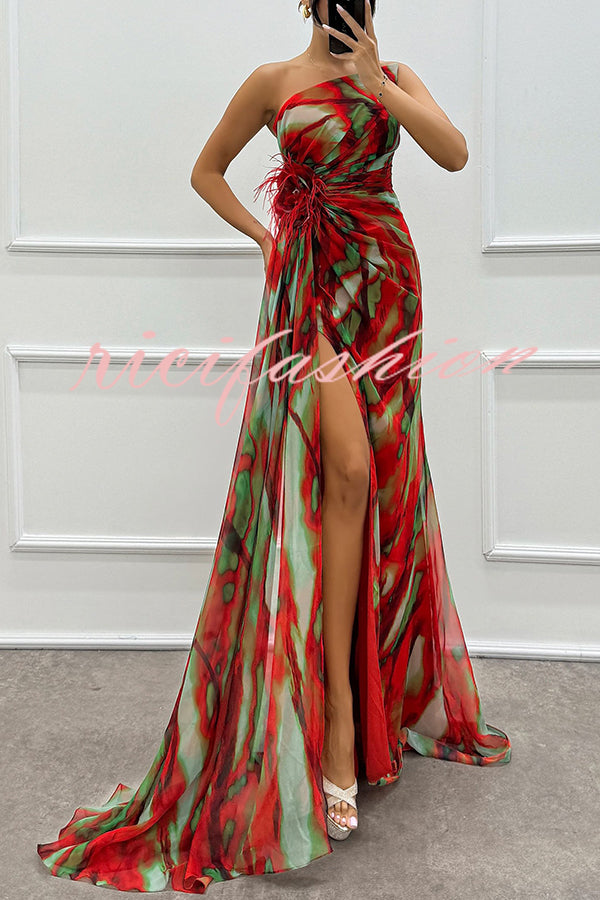 Amazing Views Watercolor Print Feather Rose Detail Off Shoulder Pleated Slit Maxi Dress