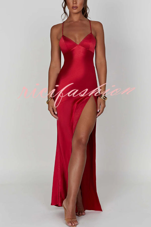 Satin Solid Color Sexy Backless Lace Up High Slit Maxi Dress