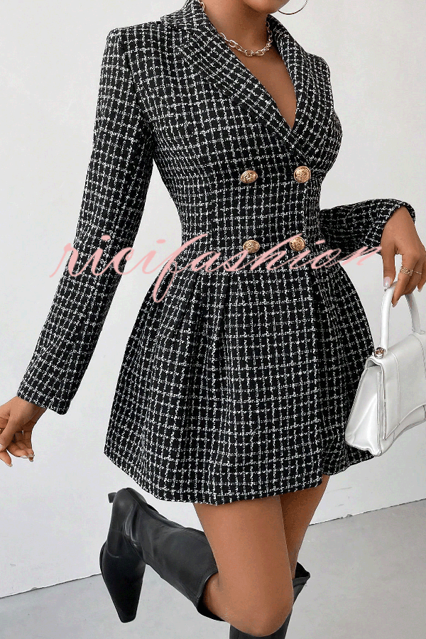 Plaid Print Lapel Long Sleeve Office Mini Dress