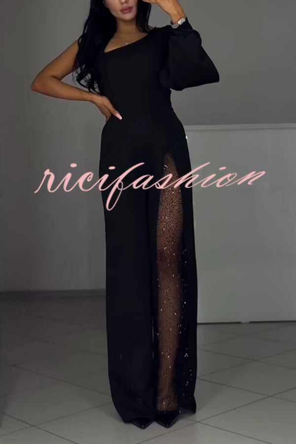 Fashionable Oblique Shoulder One-sleeve Sexy High Slit Slim Jumpsuit