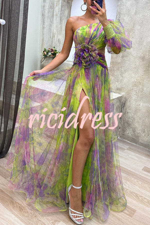 Picturesque Beauty Tulle Floral Pleated One Shoulder Sleeve Slit Maxi Dress