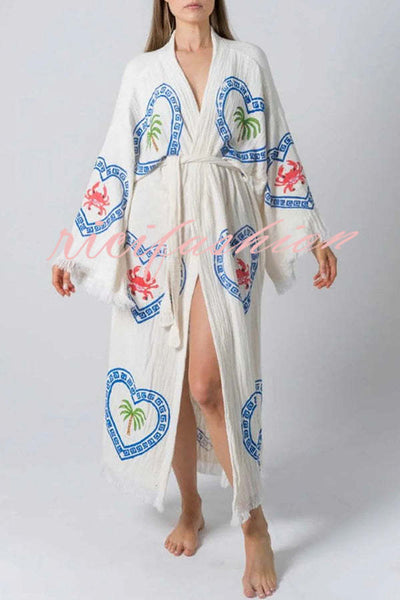 Maia Linen Blend Unique Print Belt Swimwear / Lounge Cover-up Robe