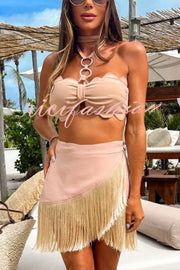 Solid Color Halter Neck Tassel Skirt Stretch Two-piece Bikini Swimsuit