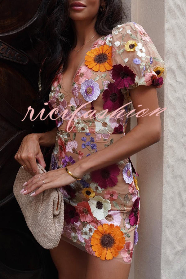 Garden Gala Embroidered Floral Applique Puff Sleeve Mini Dress