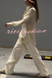 Chic and Elegant Chiffon Patchwork Irregular Lace-up Jacket and Pocketed Straight-leg Pants Set