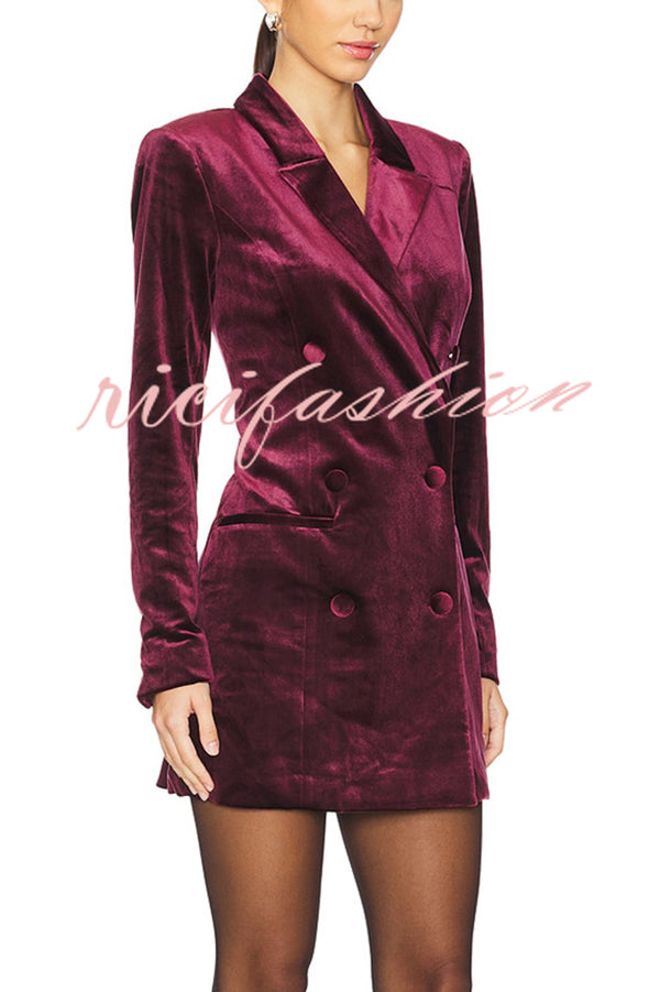 Holiday Soiree Solid Color Velvet Lapel Long Sleeve Blazer Mini Dress