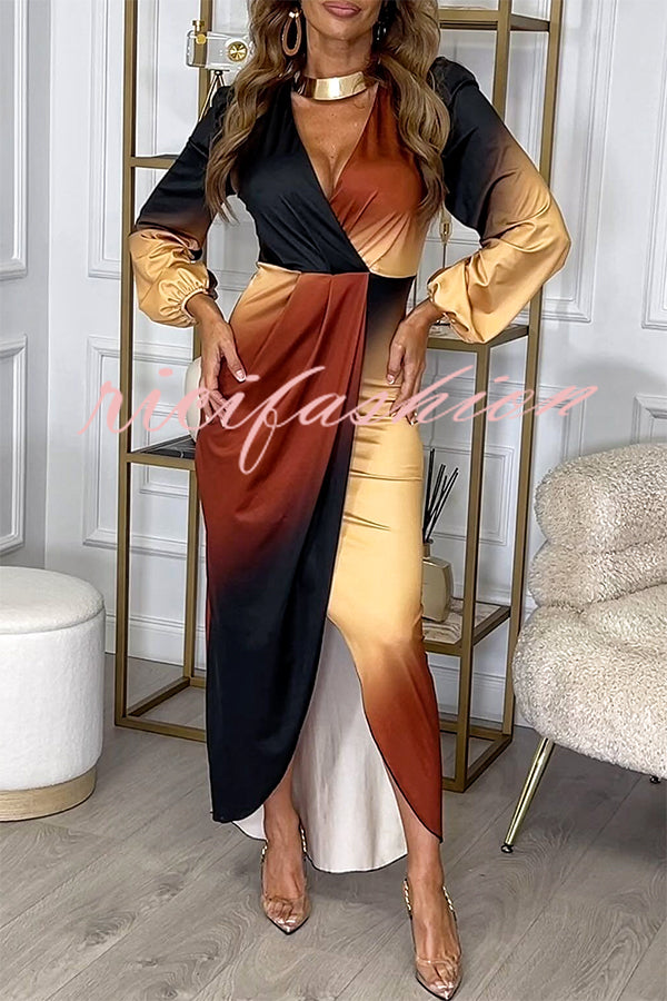 Romantic Sunset Gradient Print Ruched Balloon Sleeve Slit Maxi Dress