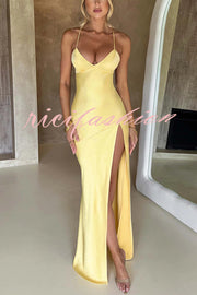 Satin Solid Color Sexy Backless Lace Up High Slit Maxi Dress