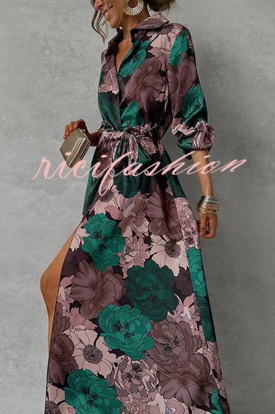 Floral Print Lapel Waisted Lace-up Long-sleeve Maxi Dress