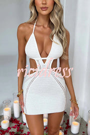 Effortlessly Cool and Sexy Knit Crochet Cutout Halter Tie-up Stretch Mini Dress