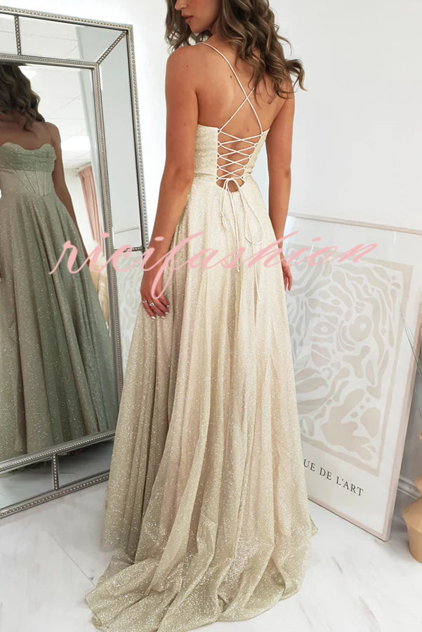 Cinderella Glitter Tulle Fabric Cowl Neck Back Lace-up Pocketed Slit Maxi Dress