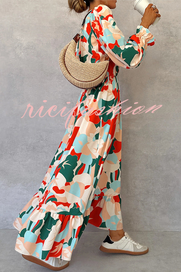 Colorful Printed V-neck Waist High Slit Ruffled Maxi Dress