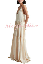 Beach Day Linen Blend Back Tie-up A-line Layered Maxi Dress