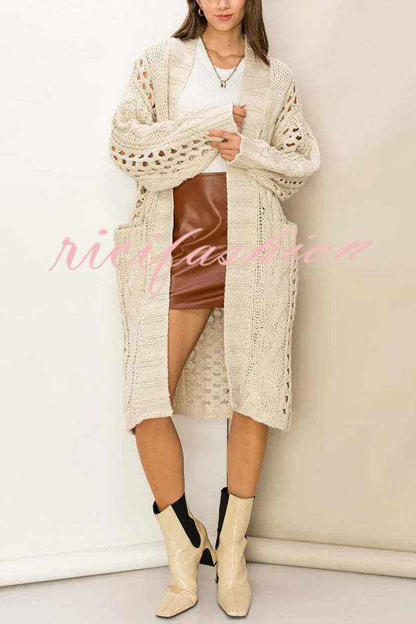 Jamila Knit Cable Cotout Long Sleeve Pocket Oversized Midi Cardigan