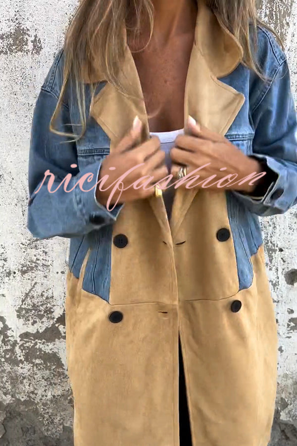 Fashion Lapel Long Sleeve Pocket Mid-length Denim Patchwork Jacket