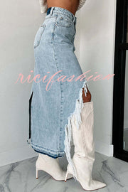 Darla Cutting Ties Heavily Distressed Denim Maxi Skirt