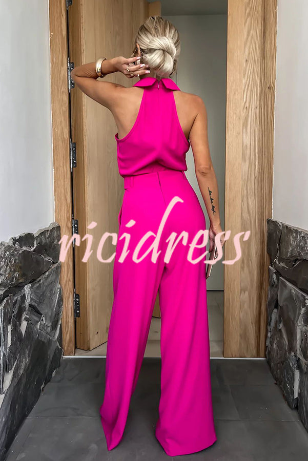 Fashionable Unique Look Halter Shirt Collar Pocketed Wide Leg Jumpsuit